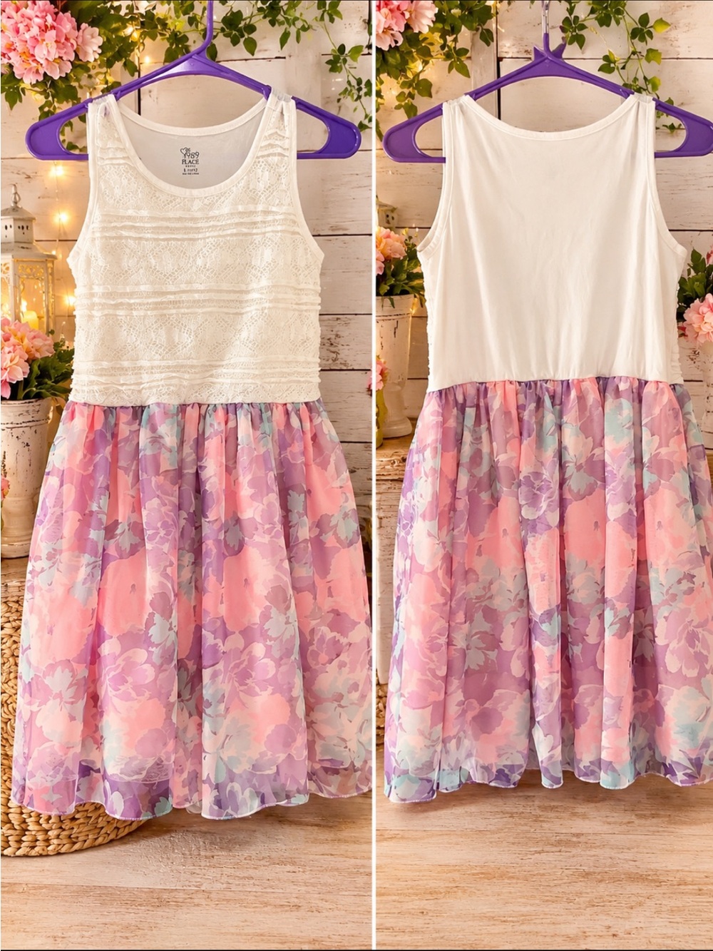The Children's Place White Lace Bodice Pink & Purple Floral Chiffon Dress